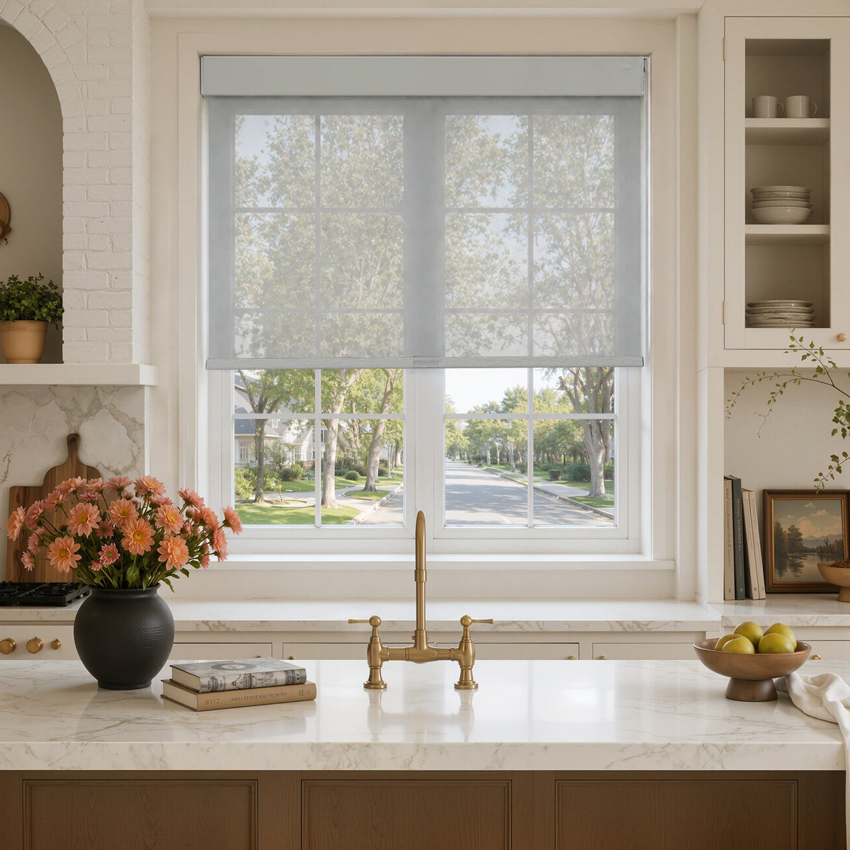 Light filtering gray solar blind over kitchen window, no-drill custom blind
